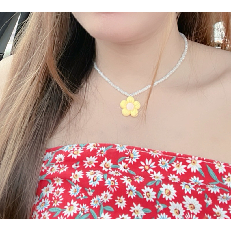 พร้อมส่ง สร้อยคอจี้ดอกไม้ สีจี้7สี สร้อยคอลูกปัดดอกไม้