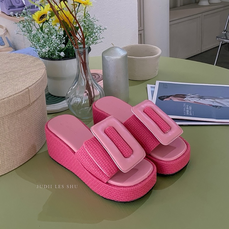 สีมาใหม่ รุ่นCotton Waffle Size 34-42 (วัสดุผ้า)รองเท้าส้นตึกเข็มขัด JUDII LES SHU