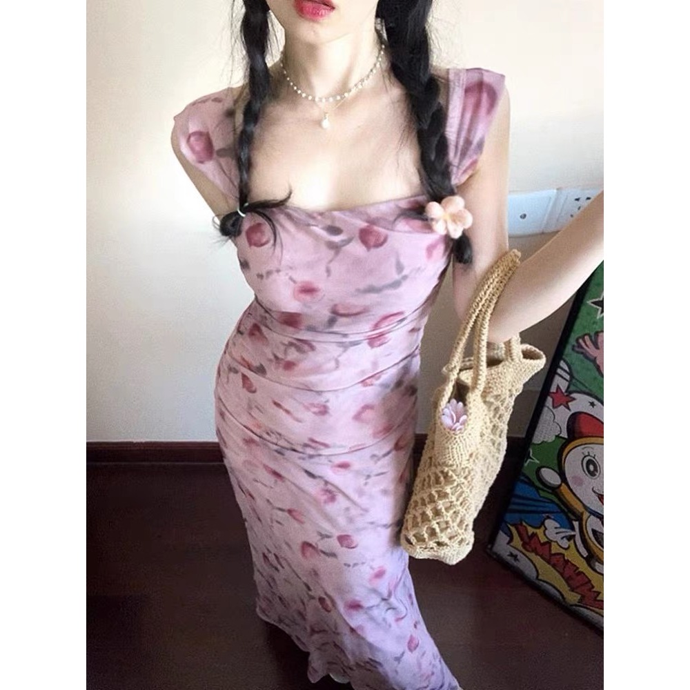 blue dress ทํางาน เดรสสายเดี่ยวรัดรูป ลายดอกไม้ เกาะอกยาว ผู้หญิง ลูกไม้ น่ารัก แฟชั่น เสื้อผ้าสาวอวบ ชุดเดรสไปทะเล - รูปที่ 5