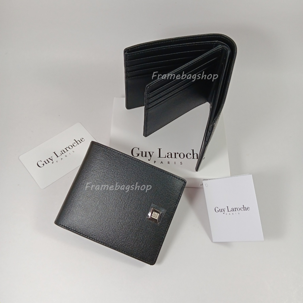 Guy Laroche กระเป๋าสตางค์ผู้ชายพับสั้น มีลิ้นกลาง สีดำ หนังลาย หนังแท้100%