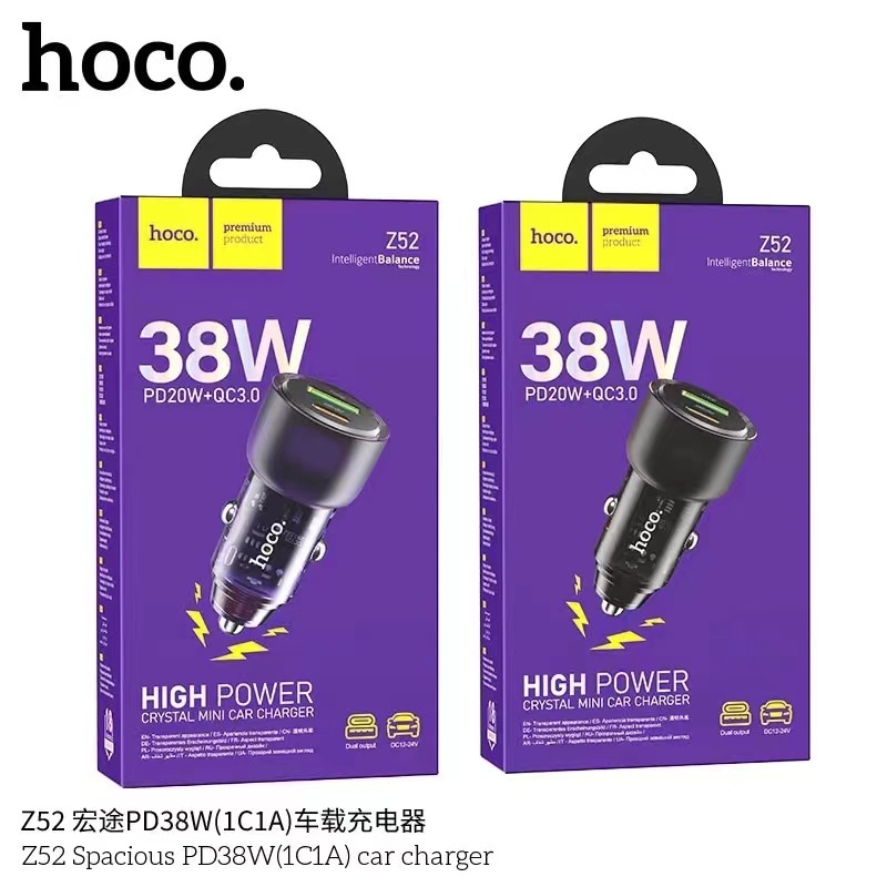 Hoco Z52 Mini Car Charger 38W หัวชาร์จในรถ รองรับเทคโนโลยีชาร์จเร็ว PD20W และ QC3.0.