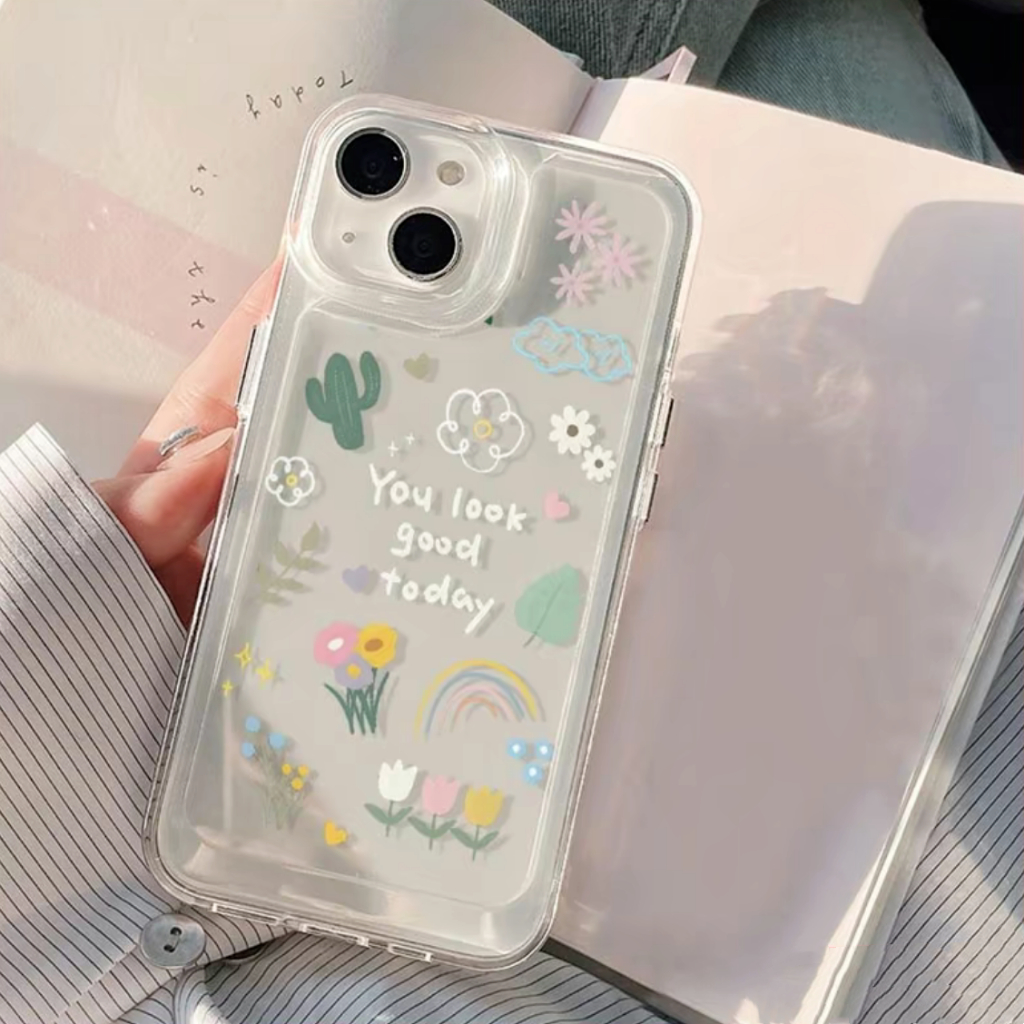New เคสใสนิ่ม ลายสกรีนดอกไม้ for iPhone 7plus 11-12-13-14-15 OPPO A15 A16 A17 A57 A58 RENO VIVO Y12 Y20 Y17S samsung