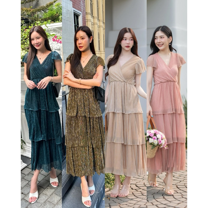 NOOZZSHOP 5211098 เดรสพลีท ระบายชั้น คอวี เดรสไปทำงาน