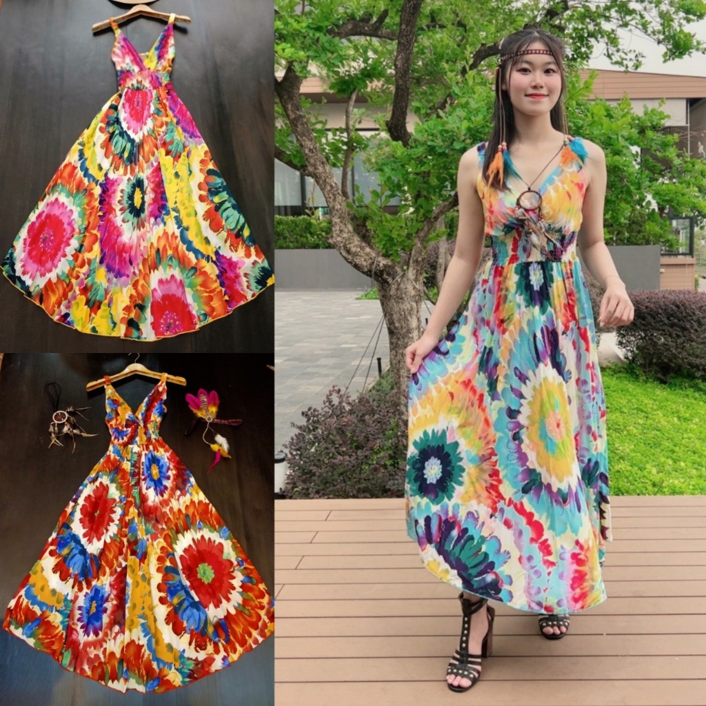 เดรส เดรสโบฮีเมี่ยน สายเดี่ยวลายรุ้ง สไตล์โบฮีเมี่ยน อก 32-38 นิ้ว สะโพกฟรีไซด์ ยาว 44-46นิ้ว มีหลายสี