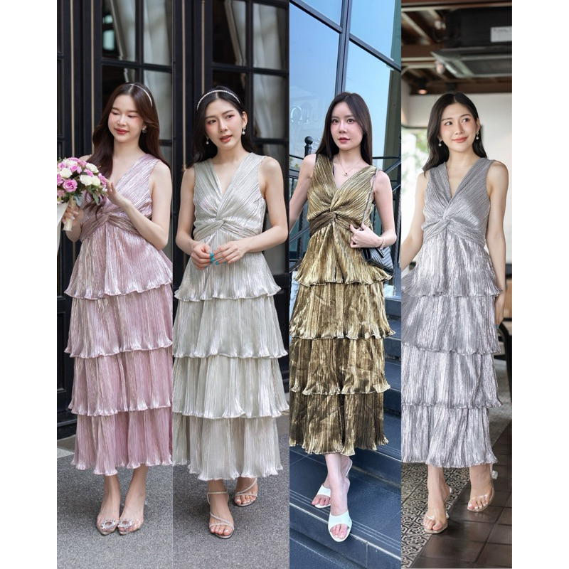 NOOZZSHOP 6211070 เดรสระบายชั้นกระโปรง ดีเทลผ้าเขว้บริเวณคอ ชุดเพื่อนเจ้าสาว