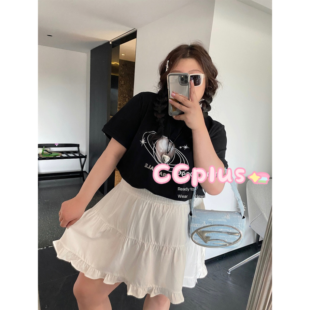 CiCi Plus+(2806)กระโปรงสั้นเอวสม็อค ทรงเลเยอร์ ปลายระบาย น่ารักคิคุ เหมาสำหรับสาวพลัสไซส์