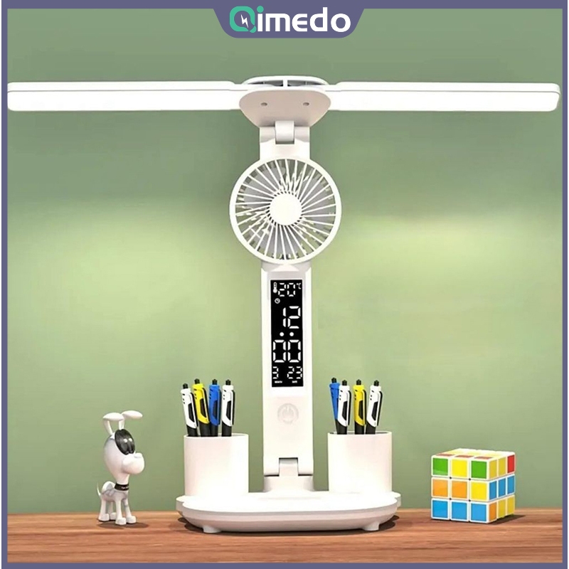 Qimedo โคมไฟLEDตั้งโต๊ะ ปฏิทินมัลติฟังก์ชั่นแบบชาร์จไฟ USB ได้ ไฟกลางคืนแบบสัมผัส โคมไฟอ่านหนังสือห้องนอนพร้อมพัดลม