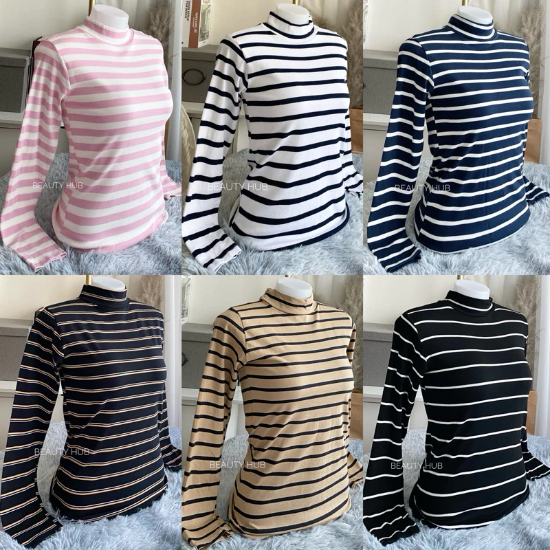 [037] เสื้อคอเต่า แขนยาว ลายริ้ว สีพื้น เต็มตัว ทรงสวยสไตล์เกาหลี