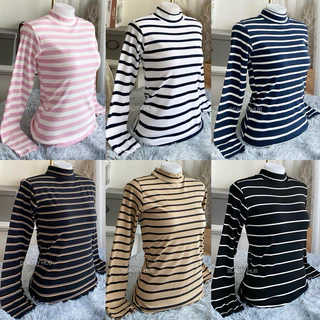 [037] เสื้อคอเต่า แขนยาว ลายริ้ว สีพื้น เต็มตัว ทรงสวยสไตล์เกาหลี
