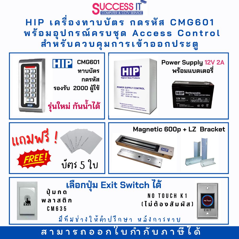 HIP CMG601 ID เครื่องทาบบัตร กดรหัส ตัวเครื่องกันน้ำ พร้อมชุดควบคุมเปิด-ปิดประตู Access Control