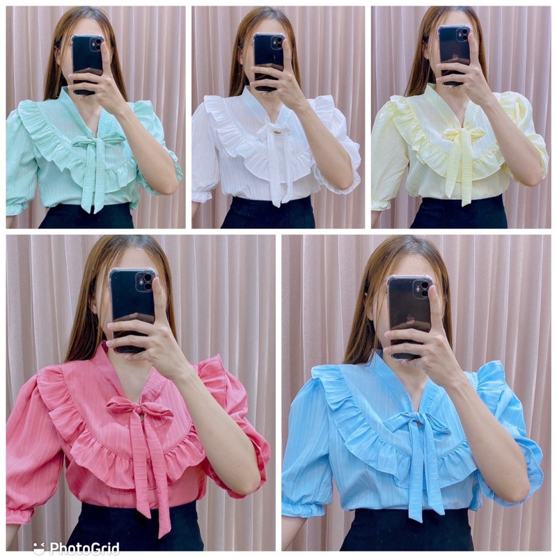 เสื้อผูกโบว์หน้าระบาย ผ้าร่อง อก40ยาว23