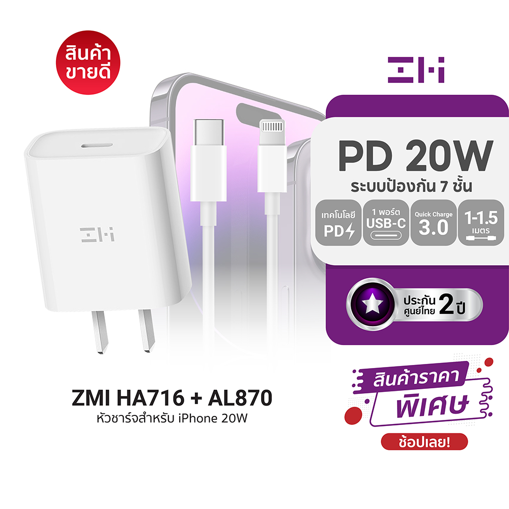 [ราคาพิเศษ] ZMI HA716 / HA716C / AL870 / AL856 / AL875 หัวชาร์จสำหรับ iPhone 20W รองรับเทคโนโลยี PD - 2Y