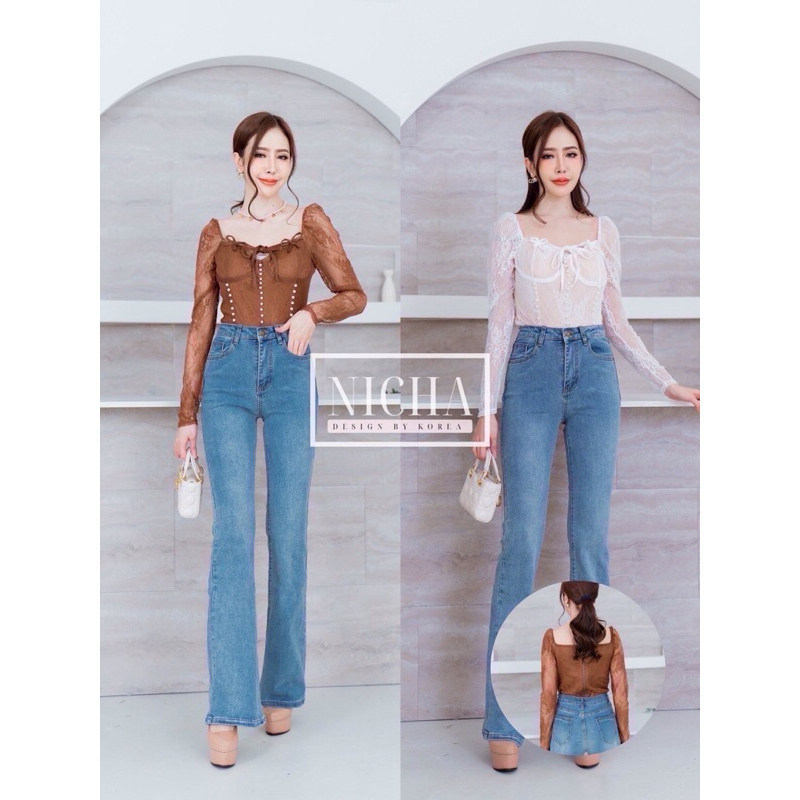NICHA ONLINE เสื้อผูกคอผ้าลูกไม้ มีฟองน้ำ มีชับใน ใส่คู่กับกก.ยีนส์ คือเริส