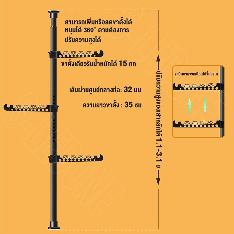 ราวตากผ้า ราวตากผ้าคอนโด ก้านแขวนเสื้อ แบบตั้ง ราวตากผ้าในร่ม ราวแขวนเสื้อ ไม่ต้องเจาะเพดาน ราวแขวนผ้า DIY RACK 20kg+ - รูปที่ 5
