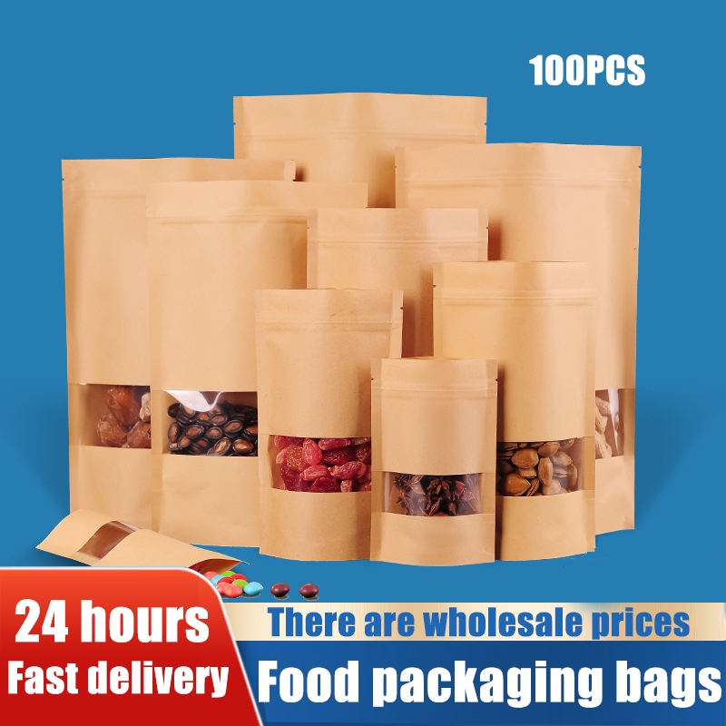 MX001 100pcs ถุงคราฟท์ หน้าต่างใส มีซิปล็อค ถุงซิปล็อค Bag ถุงขนม ซองขนม ถุงใส่ผงต่างๆ เช่น นมผง เมล็ดกาแฟ ใบชา
