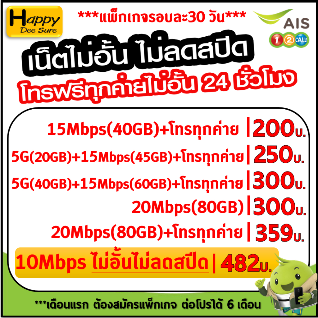 ชิมเทพ AIS เน็ตไม่จำกัด +โทรฟรีทุกเครือข่าย24ชม. ความเร็ว 4Mbps,15Mbps,20Mbps ชำระค่าแพ็กเกจก่อนใช้