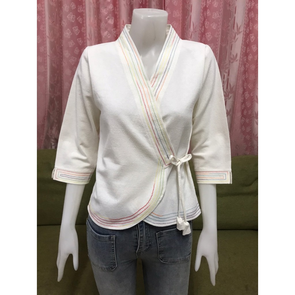 เสื้อผ้าฝ้ายแขน3ส่วน ป้ายข้างผูกเชือก ผ้าฝ้ายผ้าพื้นเมือง (ต้องเผื่อไซส์)