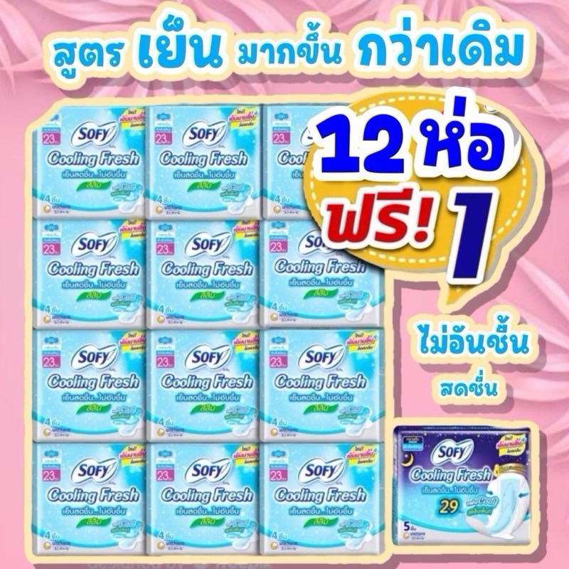 [ ยกแพ็ค ] ❄️Sofy Cooling fresh❄️23 ซม. สลิม มีปีก 4 ชิ้น 12 ห่อ ฟรี กลางคืน 1 ห่อ โซฟี คลูลิ่ง เฟรช  ผ้าอนามัย สูตรเย็น