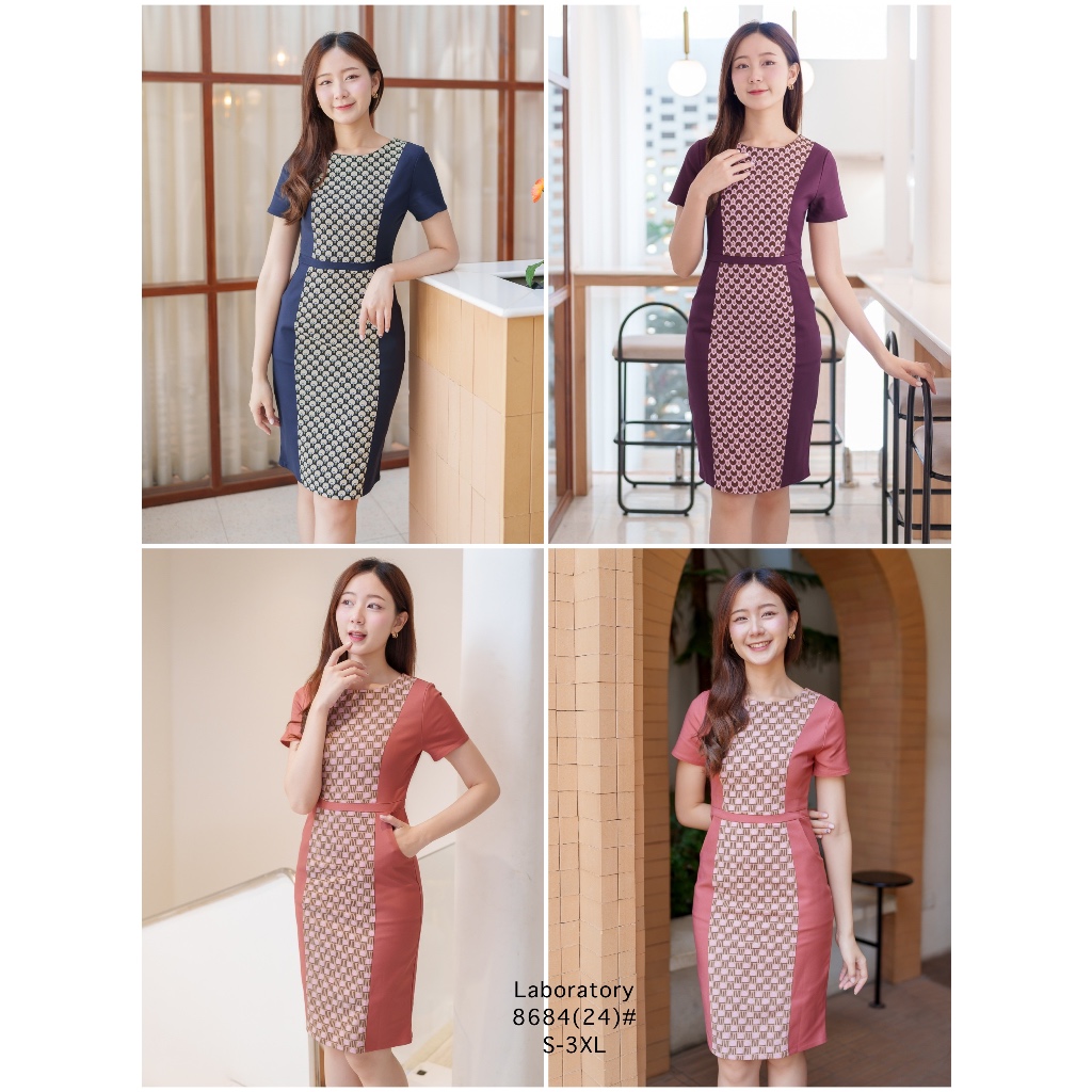 *Laboratory* เดรส 8684(24) เดรสคอกลมแต่งผ้าพิมพ์ลายด้านหน้า ทรงสอบ มีไซส์ S-3XL