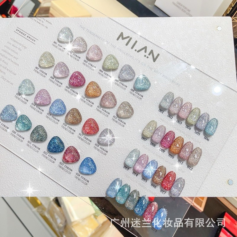 สีแฟลช 24 สี ฟรีชาร์ตสี Milan ยาทาเล็บสีกากเพรช ยาทาเล็บกลิตเตอร์ ชุดสีเจลทาเล็บ