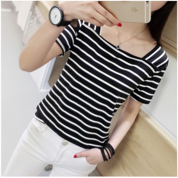 BZเสื้อลายทางคอเหลี่ยมแขนสั้น เสื้อลายทางแขนสั้น / 726-729