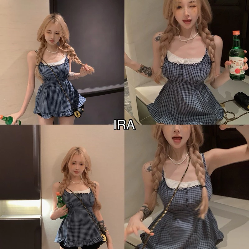 BY IRA พร้อมส่ง (23051) Piattern mini dres มินิเดรสสายเดี่ยวลายสก็อตสุดน่ารัก สม็อคหลัง