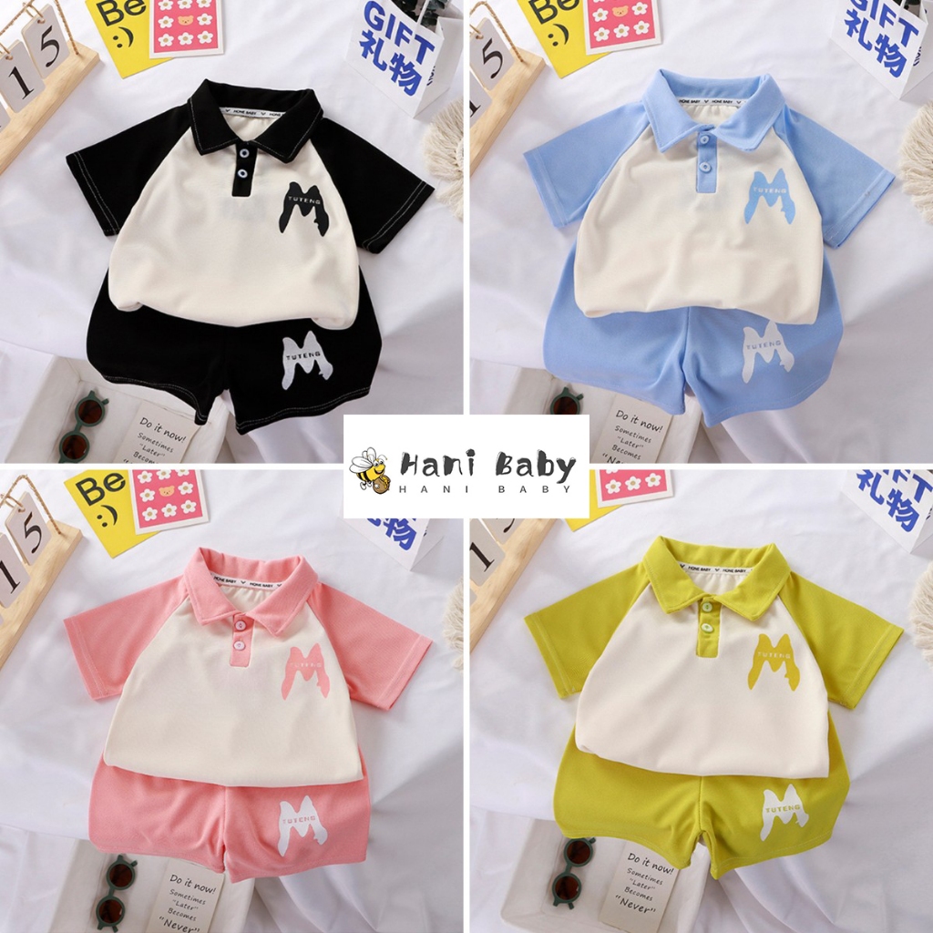 ชุดเสื้อโปโลเด็ก +กางกง ลายM คอโปโล เเต่งกระดุมหน้า สลับสีสวย พร้อมส่ง