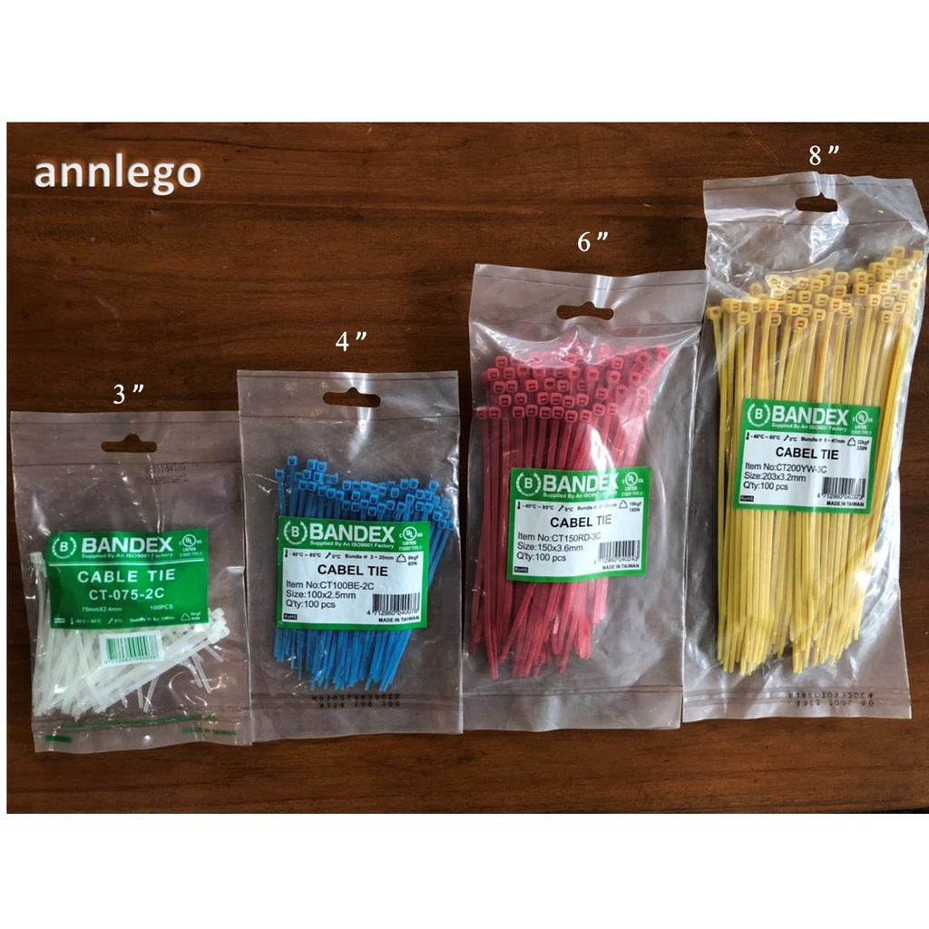 เคเบิ้ลไทล์ Cable Tie ยี่ห้อ Bandex ขนาด 3,4,6 และ 8 นิ้ว สีขาว สีดำ สีแดง สีฟ้า สีเขียว สีเหลือง