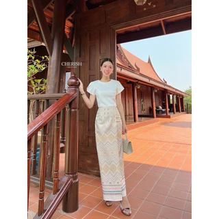 📌📌พร้อมส่ง ครบไซส์ XS S M L XL 🏷️CHERISH เซ็ท 3 ชิ้ิ้น(📍มีเข็มขัดมุก) ชุดงานบุญ ชุดไทย ผ้าไทย ทำบุญ ตักบาตร เรียบร้อย