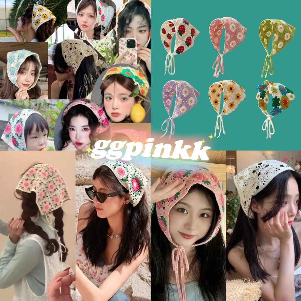 พร้อมส่ง ผ้าโพกผมถักไหมพรม ทรงสามเหลี่ยม ลายน่ารัก