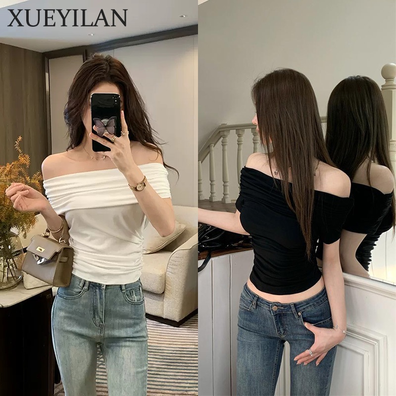 พร้อมส่งจากกทม เสื้อครอปหญิง เซ็กซี่เสีดำสื้อแขนสั้น ไหล่เดียเเสื้อยืดปาดไหล่จับจีบเสื้อแขนกุด สไตล์ยุโรปและอเมริกา ทรงเ