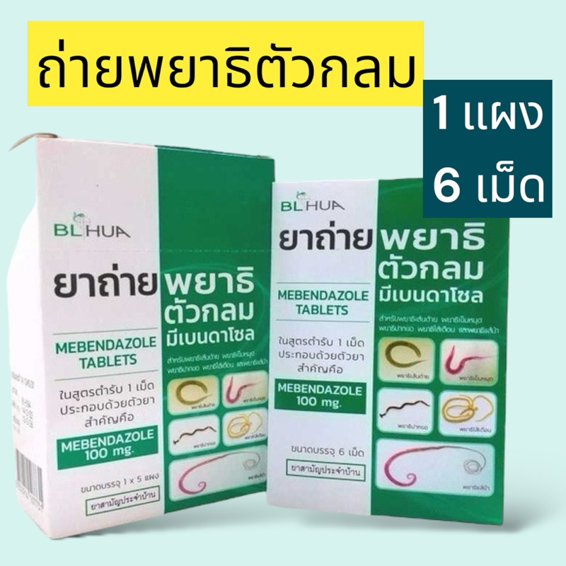 [แผง]ยาถ่ายพยาธิตัวกลม Mebendazole 100mg/เม็ด (แผงละ 6 เม็ด)