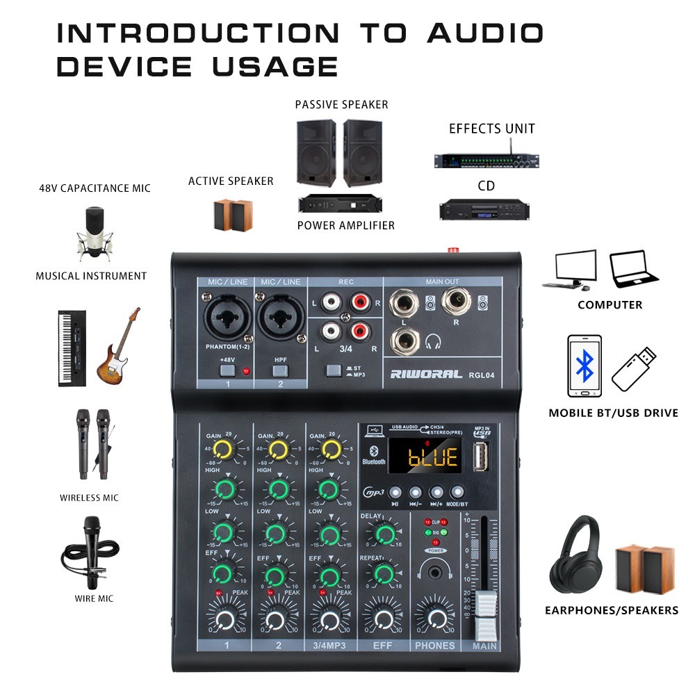 มิกเซอร์ มิกเซอร์เสียง 4 แชนเนล รองรับฟังก์ชั่นการเล่นและบันทึก Bluetooth USB/MP3/PC