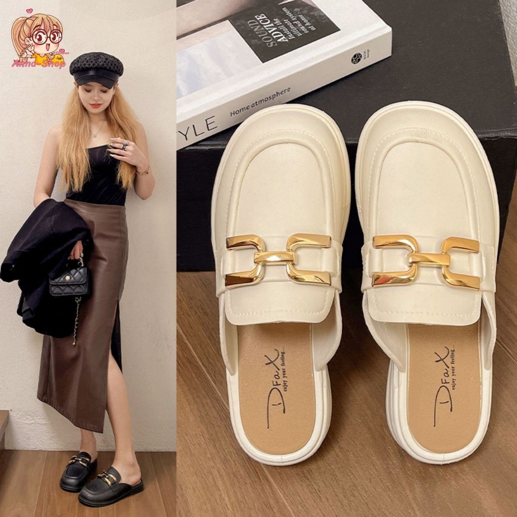 annacny รองเท้าคัทชูเปิดส้น ยาง EVA แต่งคาดอะไหล่สีทอง น้ำหนักเบา ใส่สบาย รองเท้าผู้หญิง T272