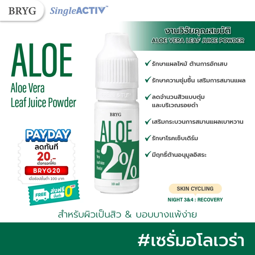 % ALOE 2% BRYG บริก เซรั่มว่านหางจระเข้ ALOE VERA SERUM รักษาแผลไหม้ ต้านการอักเสบ เสริมการสมานแผล