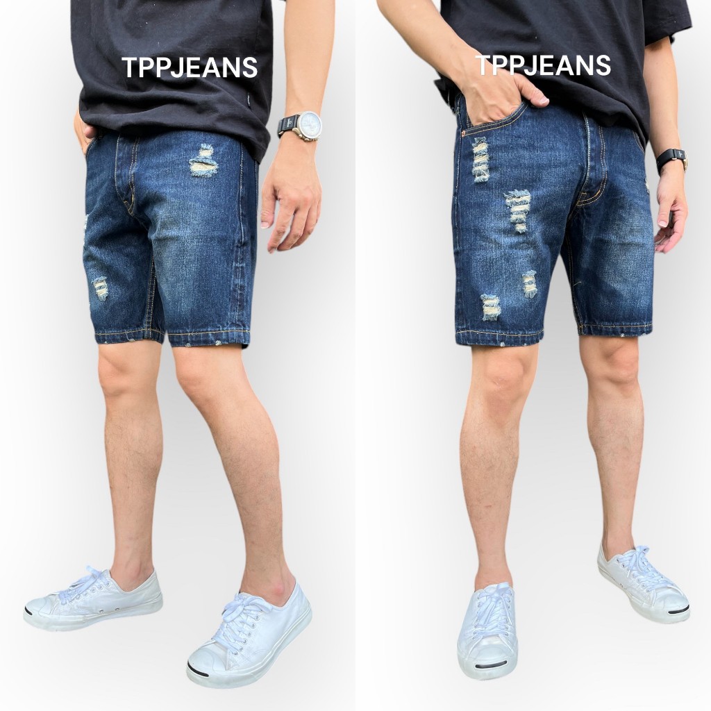 JEANSEXPRESS Short's Men's กางเกงยีนส์ขาสั้นชายความยาวเหนือเข่า สีมิดไนท์บลูฟอก แต่งสะกิดขาด เป้าซิป Size 28-38
