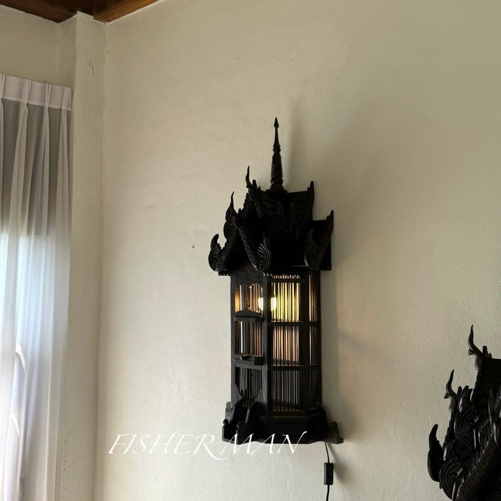 โคมไฟ บ้านทรงไทย แบบกรงนก งานไม้สัก (ฺBird cage lighting)