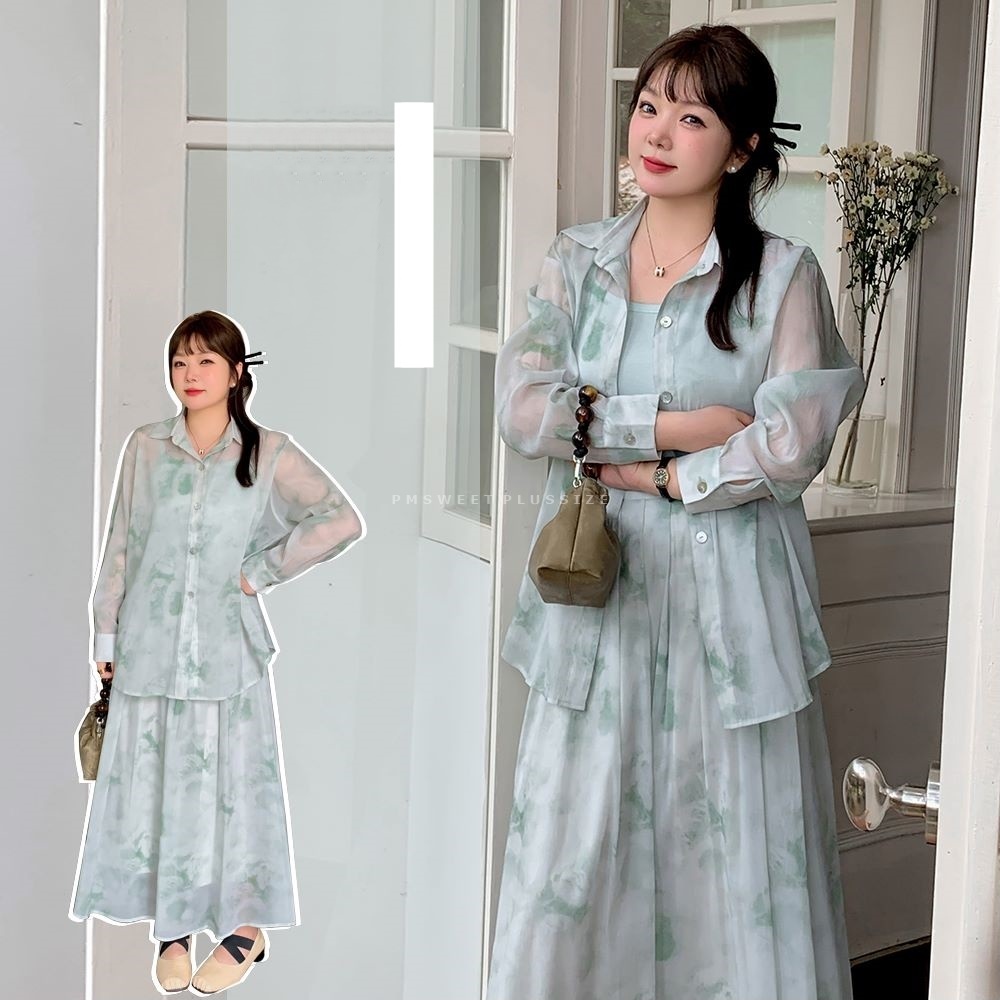 [ อกถึง 50" ] : PMP2289 : พรีออเดอร์ เสื้อผ้าไซส์ใหญ่ ชุดเซ็ตสาวอวบอ้วน เซ็ตสามชิ้นสีเขียวลายดอก ผ้าชีฟองใส่สบายไม่ร้อน