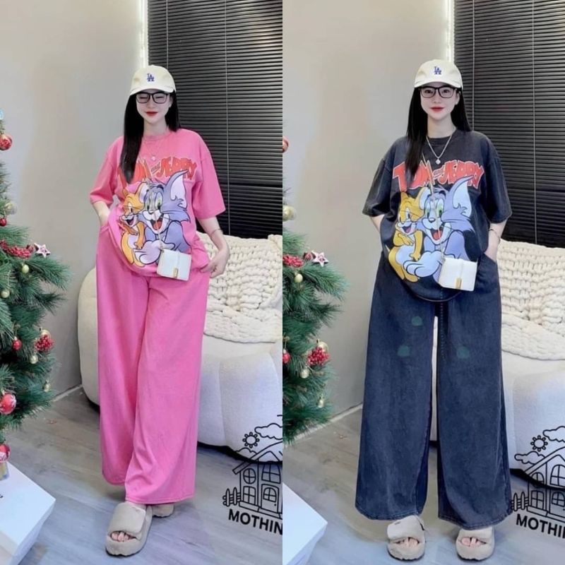 พร้อมส่ง งาน 2 ชิ้นเสื้อแขนสั้นสกรีนลายทอม &เจอร์รี่คู่กับกางเกงขายาวผ้ายืดเด้งเน้นใส่สบายใส่เที่ยวใส่นอนใส่อยู่บ้านสบาย