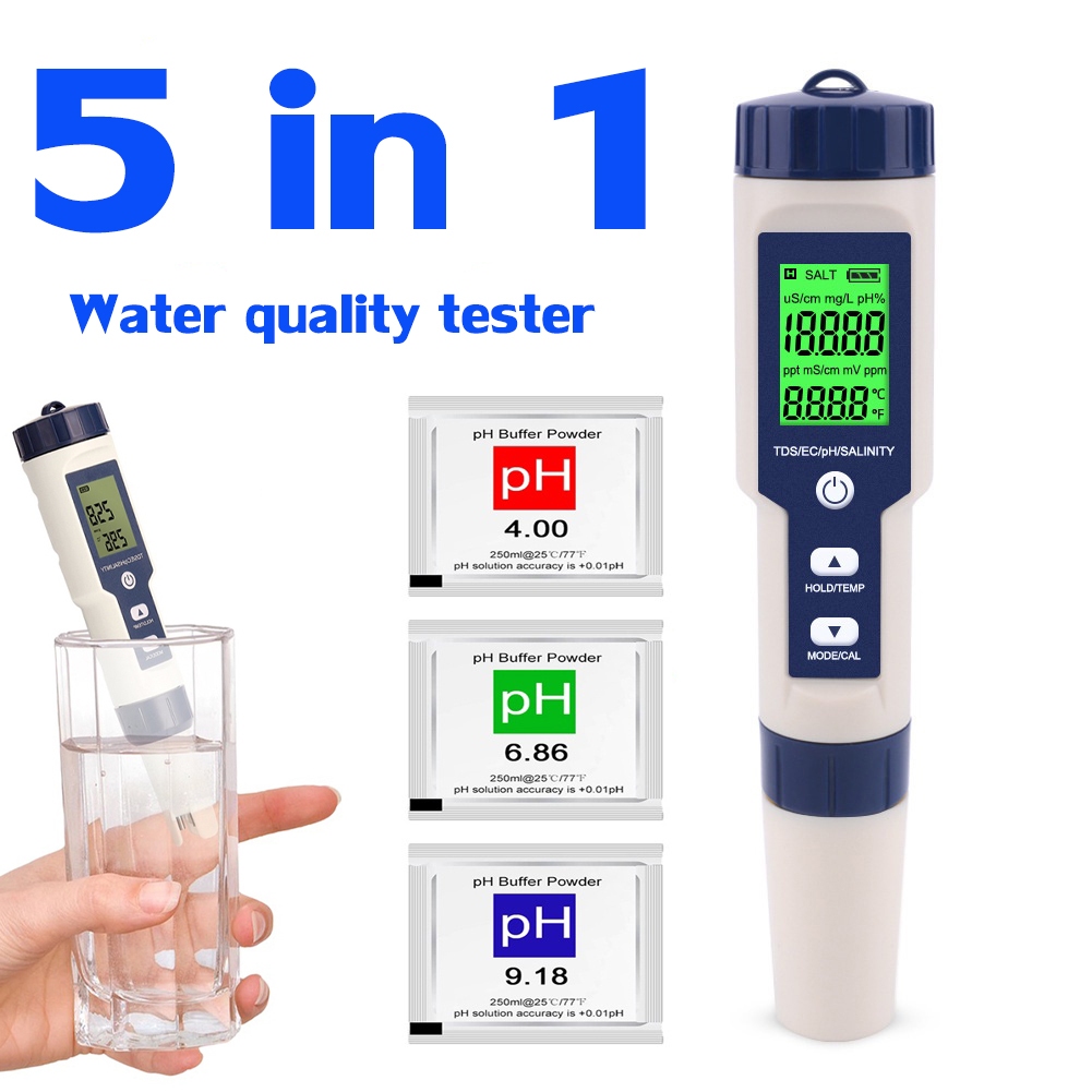 5in1❤ TDS EC PH SALT TEMP meter เครื่องวัดคุณภาพน้ำ เครื่องวัดสภาพน้ำ วัดความเค็ม water quality tester meter