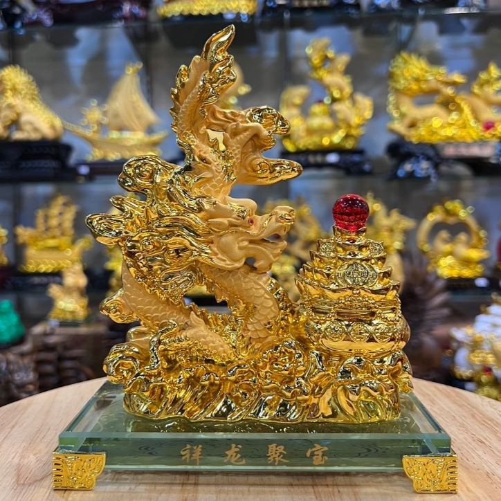 มังกรมงคล มังกรทอง มังกรกับถังทอง เรียกทรัพย์  งานเรซิ่นทองพ่นทราย ขนาดสูง 7.5นิ้ว