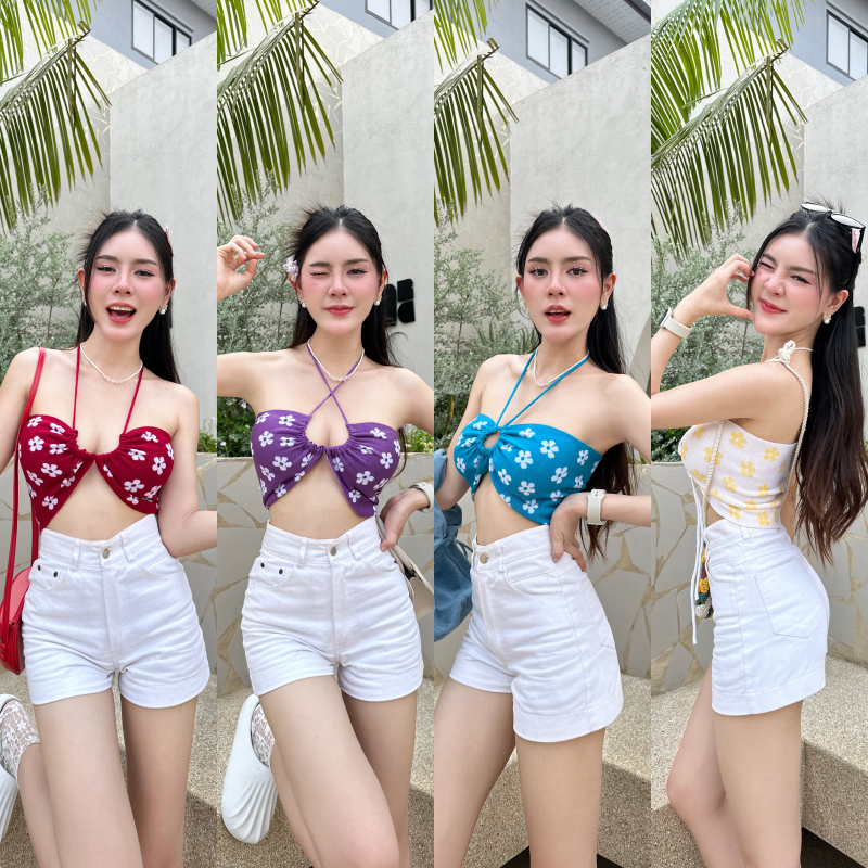 SpinnyHouse เสื้อครอปท๊อป ผ้าไหมพรมลายดอกไม้ทั้งตัว ผูกได้หลายแบบ ใส่เที่ยวทะเลถ่ายรูปน่ารัก ผ้ายืดได้เยอะ รุ่น ภาวิดา