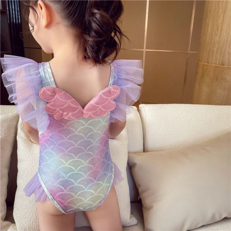 ชุดว่ายน้ำเด็กผู้หญิงมีปีก ชุดว่ายน้ำสีชมพู ชุดว่ายน้ำลายเกล็ดปลา ชุดว่ายน้ำนางเงือก ชุดว่ายน้ำมีปีก