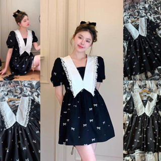 เดรสดำลายโบว์ คอปกแหลมแต่งลูกไม้ypy