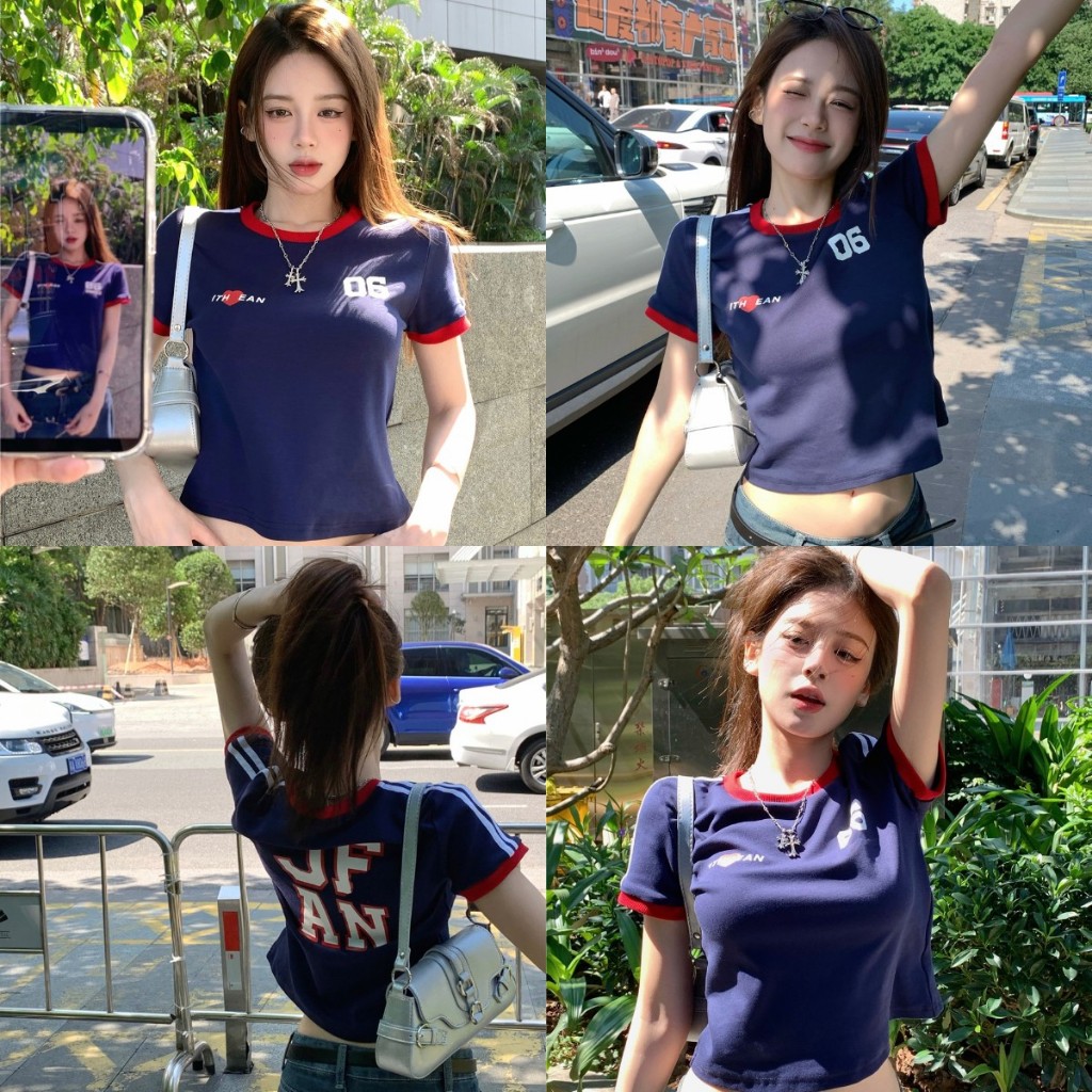 เสื้อยืด เสื้อครอป สีกรม สไตล์วินเทจ ดีไทล์ตัดสีขอบ #112162