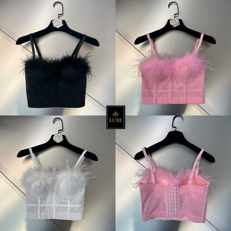 luxe เสื้อเกาะอกแต่งขนนก มีสายเดี่ยวพร้อมที่ปรับระดับ สามารถถอดได้ ทำจากผ้าสแปนเด็กซ์เนื้อยืดหยุ่น