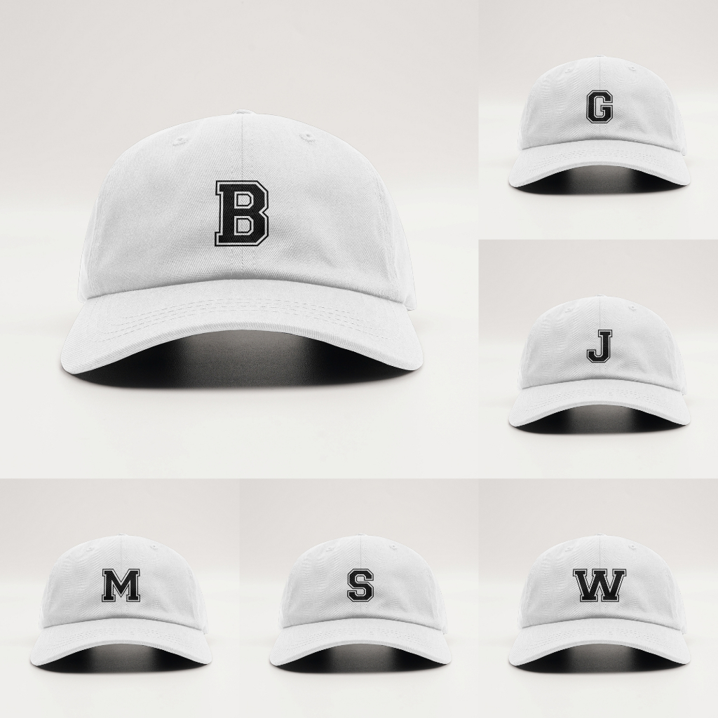 หมวกแก๊ป สกรีนตัวอักษร ABC A-Z แฟชั่น กันแดด (สีขาวสกรีนดำ)