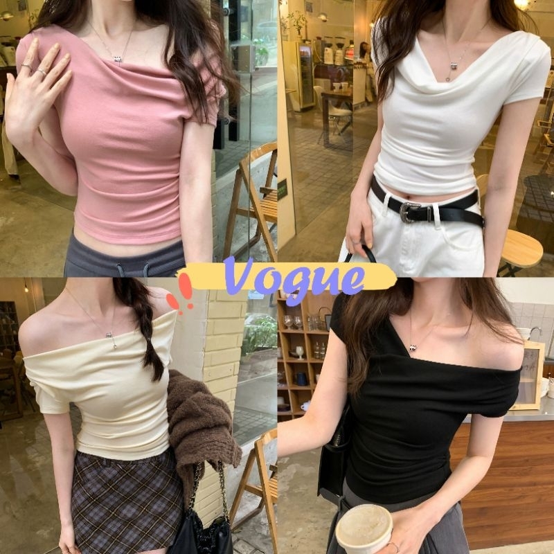 Vogue พร้อมส่ง เสื้อเปิดไหล่ไหมพรม แขนสั้น สีพาสเทล (X222)