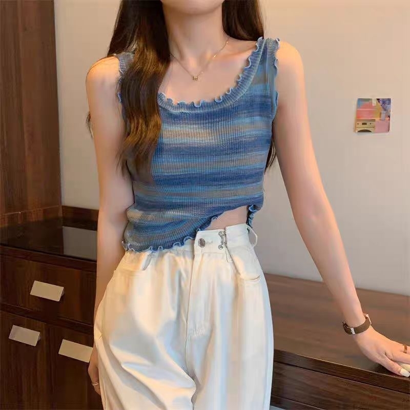 Vogue🌟พร้อมส่ง🌟 เสื้อกล้ามคอเหลี่ยมลายสายรุ้งเซ็กซี่ มีสไตล์และดูดี (65CX02)