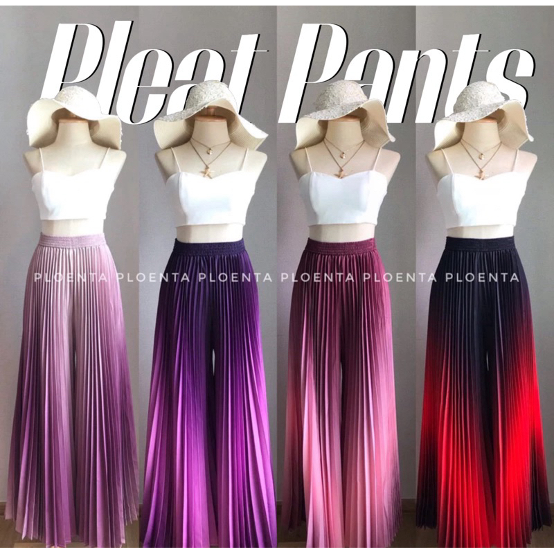 Pleat two-tone pants พร้อมส่งครบสี!! กางเกงพลีท กางเกงอัดพลีทขายาว สีพื้นแบบไล่เฉด เอวเย็บสม็อค
